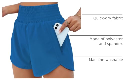 Women’s Athletic Shorts High Waisted with Pocket, Medium Ocean Blue