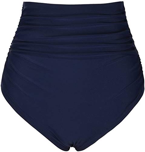 Firpearl High Waisted Bikini Bottoms Ruched Tummy Control Swimwear - Navy, Size 6