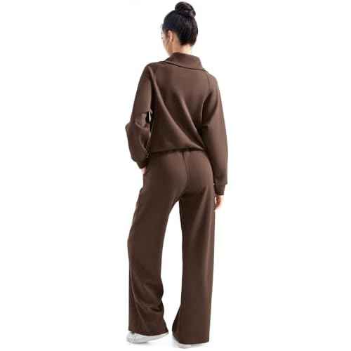 SUUKSESS Women 2 Piece Lounge Matching Set Wide Leg Sweatpant Half Zip Sweatshirt