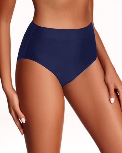 Women's High Waist Bikini Bottoms Full Coverage Tummy Control Navy Blue Medium