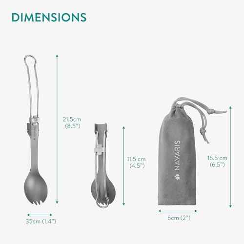 Navaris Titanium & Stainless Steel Spork - Lightweight & Foldable Travel Cutlery - Compact Reusable Fork & Spoon with Locking Mechanism & Carry Bag - Sporks for Camping & Outdoors