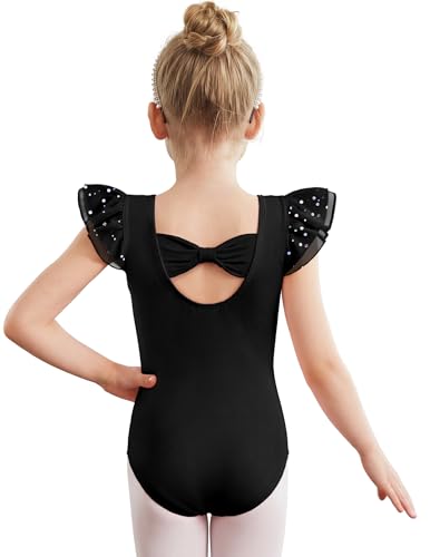 Girls Ballet Leotard with Bow Back and Chiffon Ruffle Sleeves - Black, 8-9 Years