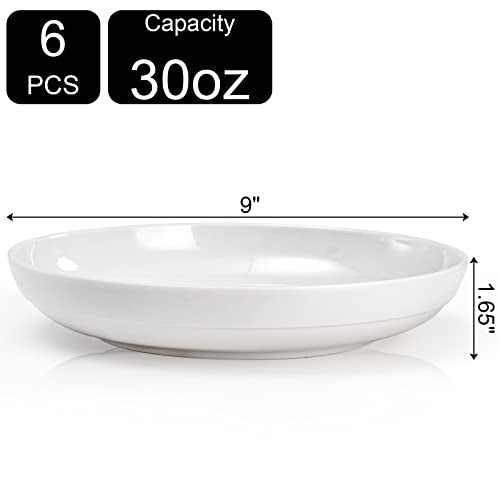Fasmov Melamine Pasta Bowls 9 Inch, 30 Oz - Pack of 6, Dishwasher Safe White