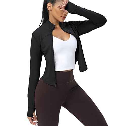 AVGO Women's Cropped Running Workout Jackets Zip Slim Fit Athletic Tops with Thumb Holes