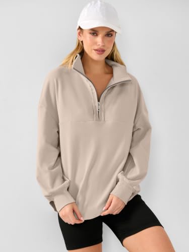 ANRABESS Women's Loose Quarter Zip Fleece Sweatshirt Large Beige Fall Pullover