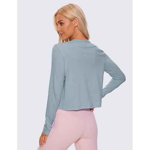 CRZ YOGA Pima Cotton Long Sleeve Workout Shirts for Women Loose Cropped Tops Athletic Sports T-Shirt
