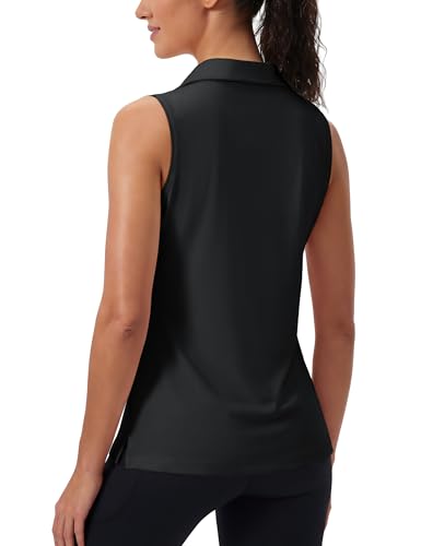 Small Women's Golf Shirt Sleeveless UPF 50+ Polo Collared Tennis Top V Neck Athletic Tank - Black