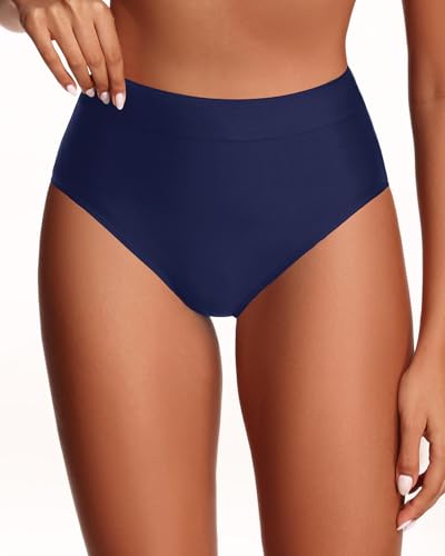 Women's High Waist Bikini Bottoms Full Coverage Tummy Control Navy Blue Medium