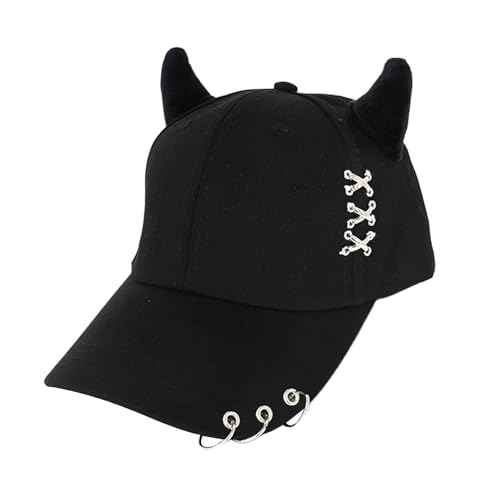 Trendy Adjustable Trucker Hat with Devil Horns, Metal Ring Casual Baseball Cap Women Men, Breathable Cotton K-pop Cap