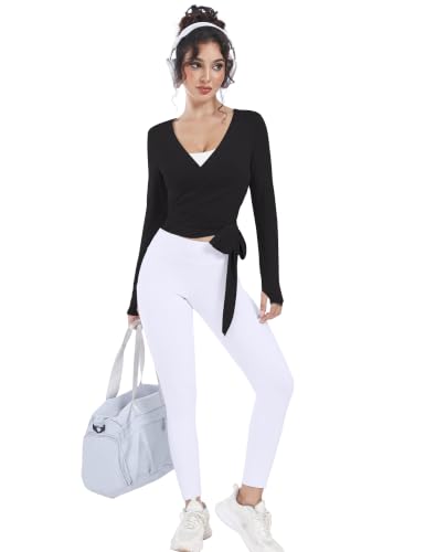 Women's Ballet Wrap Top Long Sleeve Pilates Dance Shirt - Medium Black
