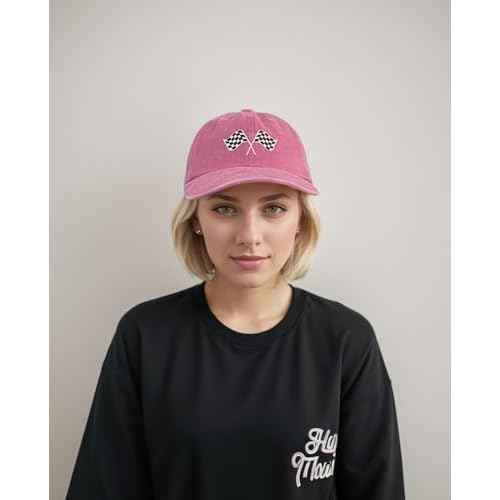 Racing Car Flag Hat for Men Women, Adjustable Embroidered Washed Race Car Baseball Cap