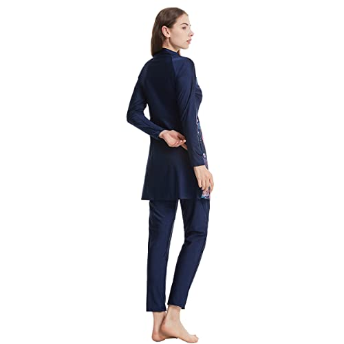 Long Sleeve Muslim Swimsuit with Built-in Bra & Hijab - Navy Blue, Large