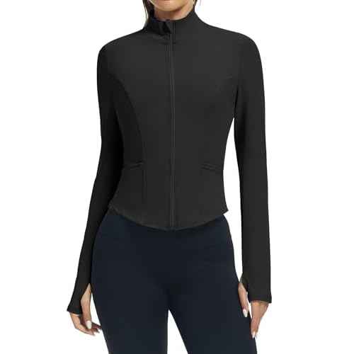 LOMON Women's Athletic Jackets Cropped Long Sleeve Workout Tops Yoga Zip Up Jackets Gym Tops Golf Shirts