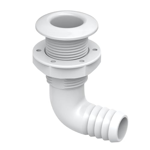 SEAFLO 3/4 Inch Angled Thru Hull Fitting with Built-in Check Valve - White, Marine-Grade