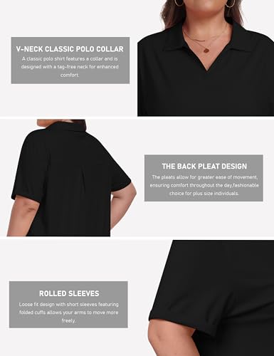 Plus Size Golf Polo Shirt for Women V-Neck Collared Short Sleeve Top - Black, XX-Large
