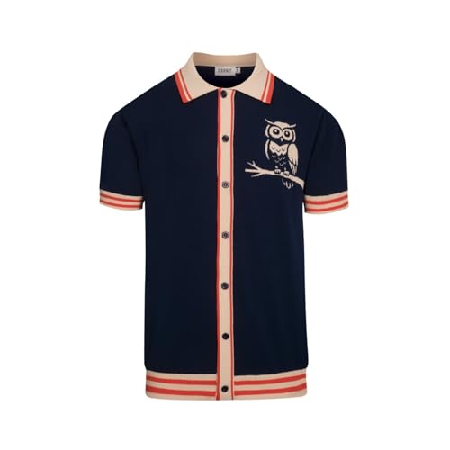 Men's Vintage Knit Short Sleeve Polo Shirt Dark Blue XX-Large - Owl Pattern