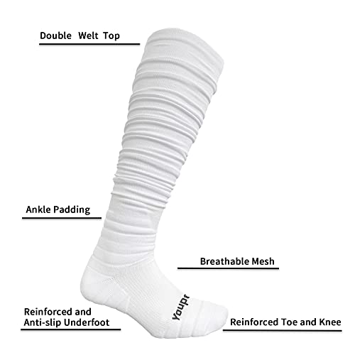 Youper Padded Football Socks - Medium White, Extra Long Soccer Socks for Men & Boys - 2 Pack