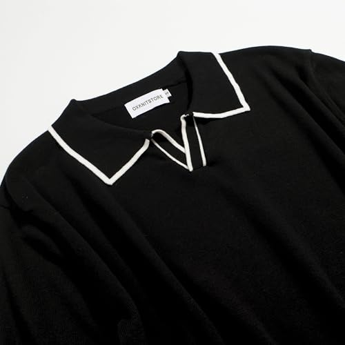 Men's Polo Shirts Short Sleeve Knit Casual Vintage Golf Top Black Stripe Large