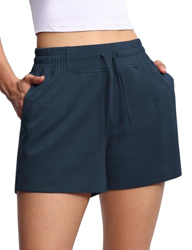Women's Drawstring Sweat Shorts High Waisted Summer Workout Lounge Pants Navy Blue Medium