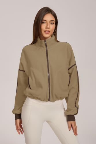 Women Fleece Cropped Full-Zip Jacket with Stand Collar & Pockets - Warm Outerwear