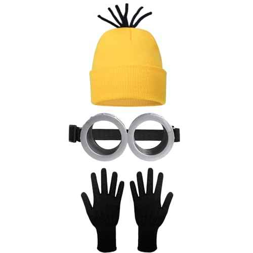 3 Pcs Halloween Costumes Accessories Adult Yellow Beanie Goggles Hat Gloves for Kids Family Funny Cosplay Party Gift
