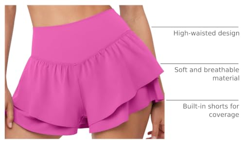 Women’s Flowy Running Shorts with Pockets - Hot Pink, Small - Athletic Tennis Shorts with Ruffle Design