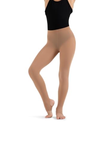 Girls Self Knit Waistband Stirrup Tights - Light Tan, 8-12 Years