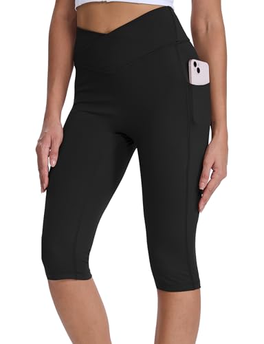 Women's Knee Length Capri Leggings with Pockets - Black, X-Large - Yoga & Workout Pants