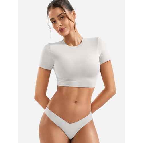 VOYJOY Womens Double Lined Fitted Short Sleeve Crop Tops Crew Neck Casual Workout T Shirts Cute Basic Tee