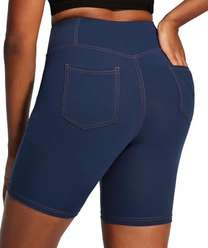 IUGA Women's 6-Inch Tummy Control Biker Shorts - Denim Navy Blue, Large