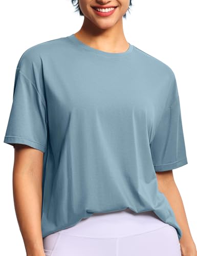 Women's Oversized Workout T-Shirt - Crewneck Basic Gym Top, Large Grey Blue