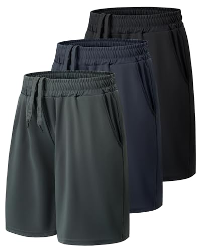 Kids Basketball Shorts with Pockets - Boys Athletic Baseball Pants Medium Black Grey Navy 3 Pack