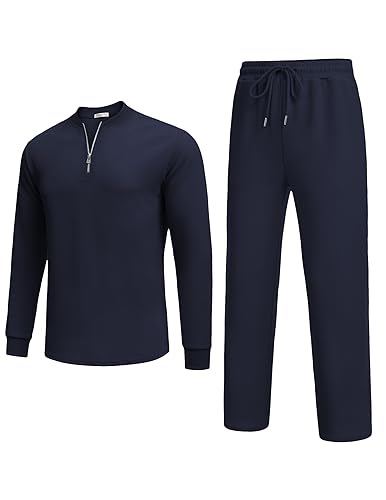 Men's Navy Blue 2-Piece Tracksuit Set Polo Athletic Sweatsuit Quarter Zip Jogging Outfit Large