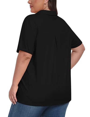 Plus Size Golf Polo Shirt for Women V-Neck Collared Short Sleeve Top - Black, XX-Large