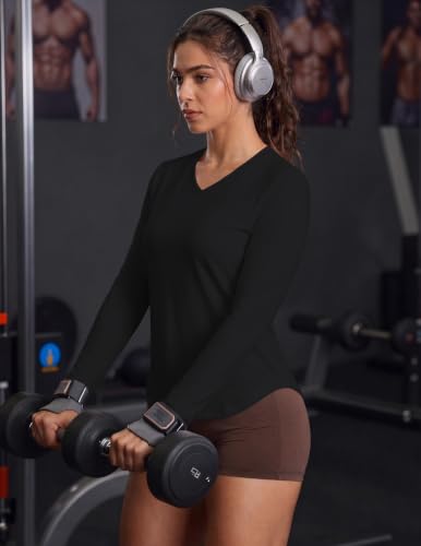 PINSPARK Long Sleeve Workout Top for Women V-Neck UPF 50+ Running Shirt Large Black