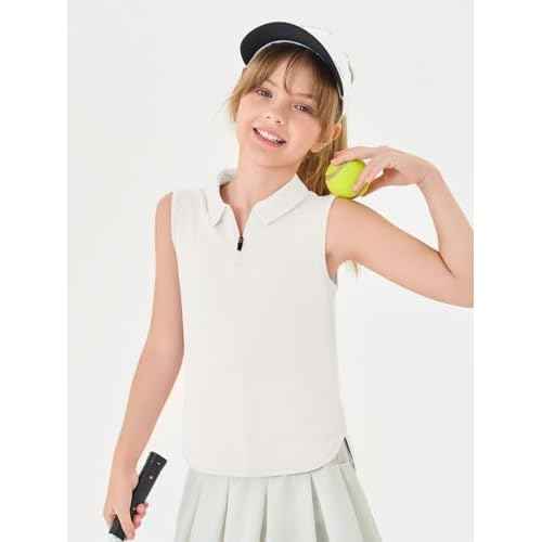 Haloumoning Girls Athletic Sleeveless Golf Polo Shirts Kids Quarter Zip Quick Dry Workout Tank Tops 5-14 Years