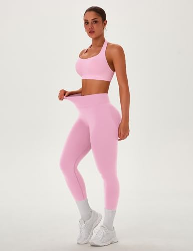 Women Workout Sets 2 Piece Halter Sports Bra Scrunch Butt Leggings - Pink Medium