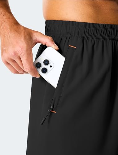 Men's Athletic Running Shorts 7 Inch Quick Dry with Zipper Pockets Large Black+Black