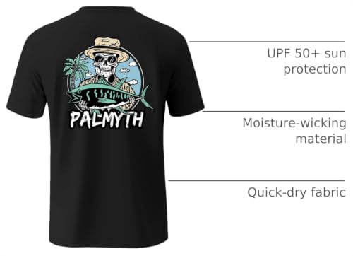 Palmyth Men's Short Sleeve Fishing Shirt UPF 50+ Quick Dry T-Shirt Black Skull Large