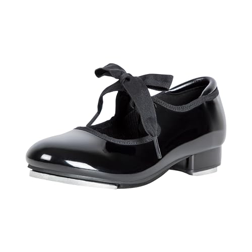 Kids Tap Dance Shoes Flat with PU Leather Ribbon Tie - Black Patent, 13 Little Kid