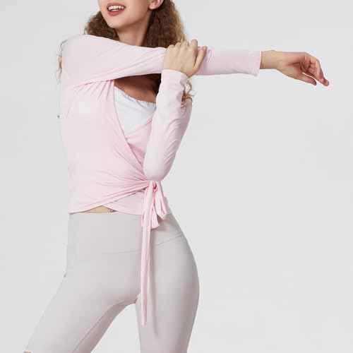 Women Wrap Top Long Sleeve Deep V Neck Cross Tie Workout Ballet Pilates Yoga Shirt