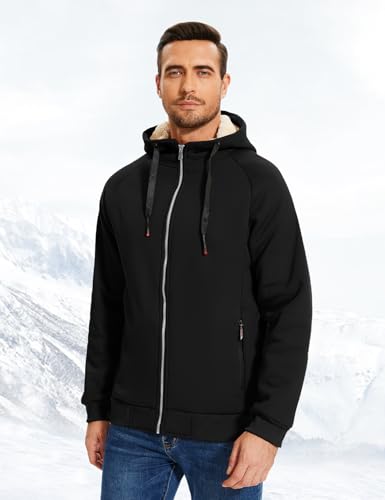 Flygo Sherpa Hoodies for Men Black Large Zip Up Winter Fleece Lined Hoodie