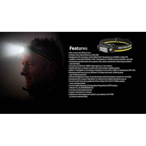 Nitecore HC65 UHE Ultra High Triple Output Metal Headlamp - 2,000 Lumens w/Storage case, Battery, and Eco Sensa USB C Cable Included