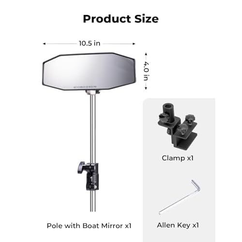 KEMIMOTO Pontoon Boat Mirror Rear View with Telescoping Pole, 10.5¡° x 4¡± Extra Large 360¡Æ Adjustable Marine Mirror for Pontoon Rail or Bimini Top, Ski Boats Water Skiing, Pontoon Boat Accessories