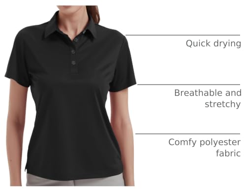 Women's Polo Shirts UPF 50+ Quick Dry Short Sleeve Collared Golf Shirt Medium Black