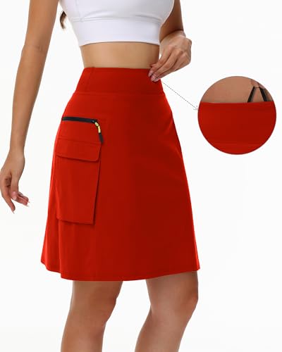 Women's Quick Dry Cargo Skirt with 5 Pockets - High Waist Golf Skirt, Red, Medium