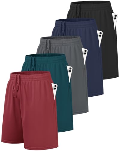 X-Large 5 Pack Boys Athletic Basketball Shorts Quick Dry Pockets Black Grey Navy Green Red