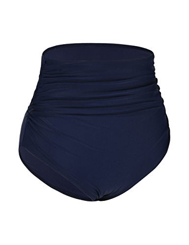 Firpearl High Waisted Bikini Bottoms Ruched Tummy Control Swimwear - Navy, Size 6