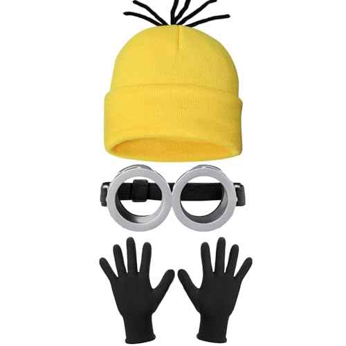 3 Pcs Halloween Costume Accessories Adult, Vintage Goggoles Eyewear Glasses/Yellow Beanie Knit Hat/Black Gloves for Kids Men Women Cosplay Party Set