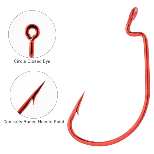 Dr.Fish Extra Wide Gap Worm Hooks 3/0 Red 100 Pack for Bass Fishing